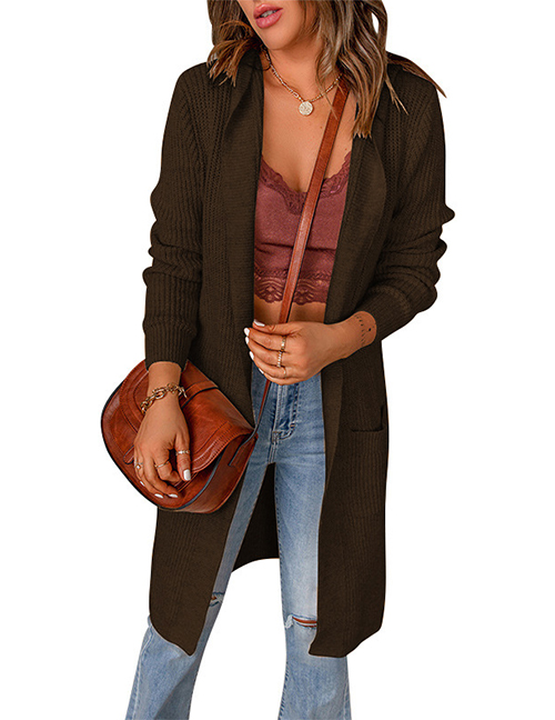 Fashion Dark Brown Solid Knit Hooded Jacket