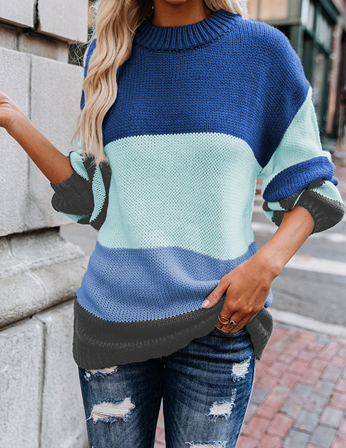 Fashion Blue Acrylic Striped Knit Crewneck Sweater