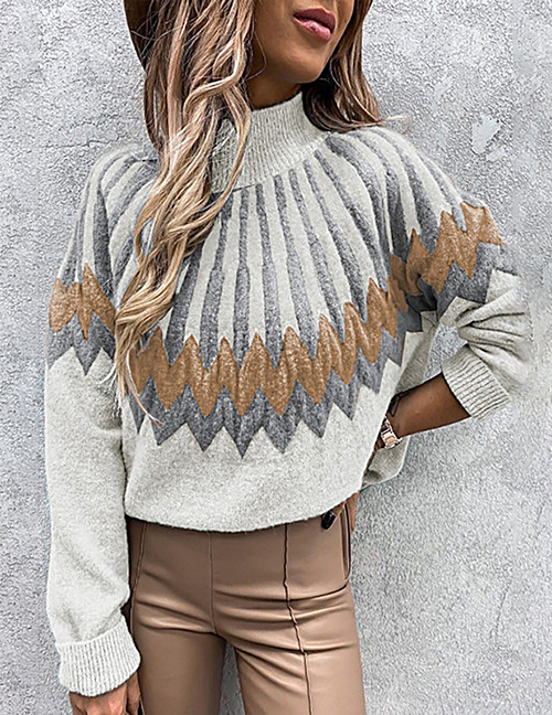 Fashion White Polyester Print Turtleneck Knit Sweater