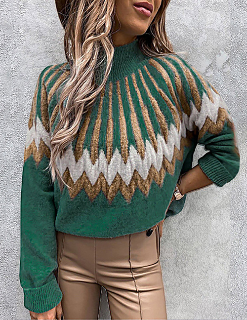 Fashion Green Polyester Print Turtleneck Knit Sweater
