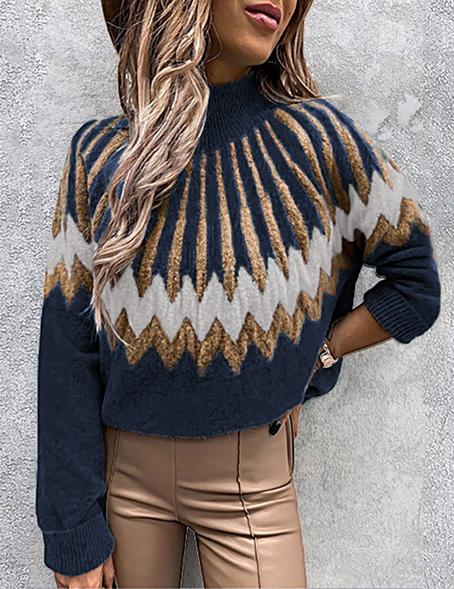 Fashion Dark Blue Polyester Print Turtleneck Knit Sweater