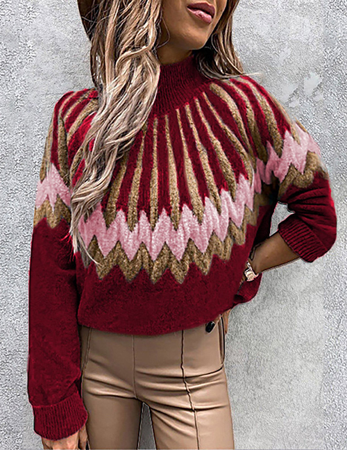Fashion Claret Polyester Print Turtleneck Knit Sweater