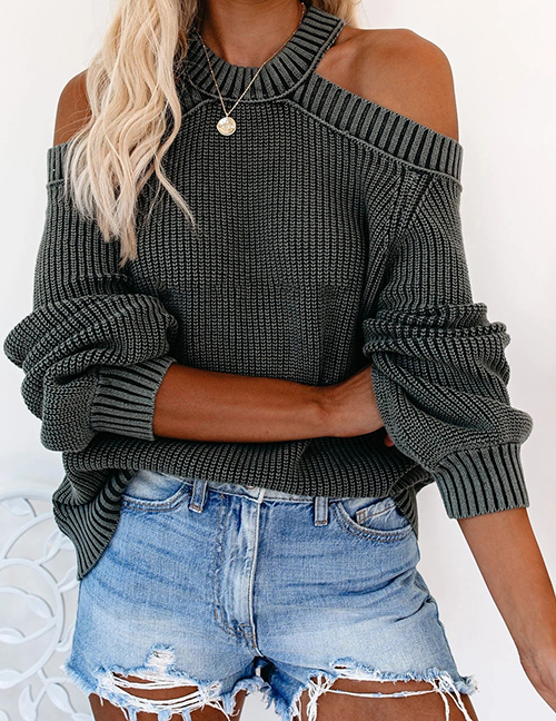 Fashion Grey Acrylic Knit Halter Off-shoulder Sweater