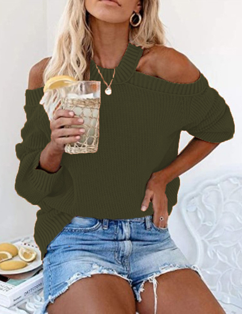Fashion Army Green Acrylic Knit Halter Off-shoulder Sweater