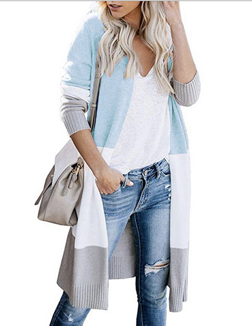 Fashion Blue Striped Panel Knitted Sweater Cardigan