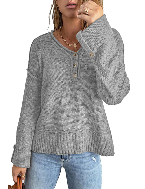 Fashion Grey Polyester Button Knit Dropped Shoulder Sweater