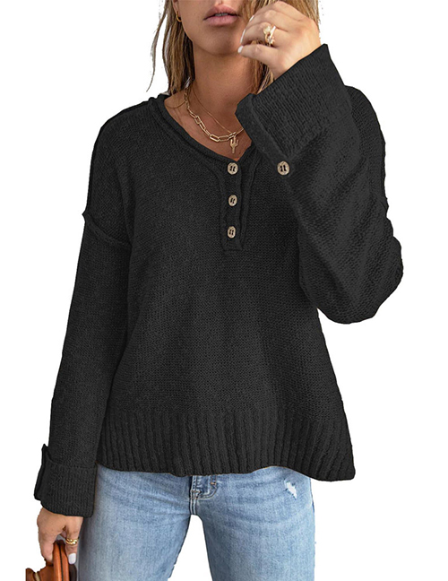 Fashion Black Polyester Button Knit Dropped Shoulder Sweater