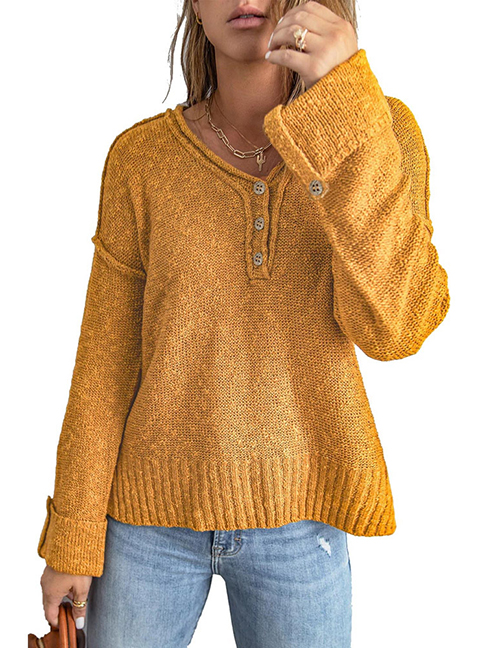 Fashion Yellow Polyester Button Knit Dropped Shoulder Sweater