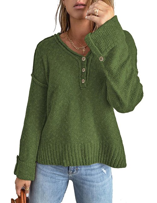Fashion Armygreen Polyester Button Knit Dropped Shoulder Sweater