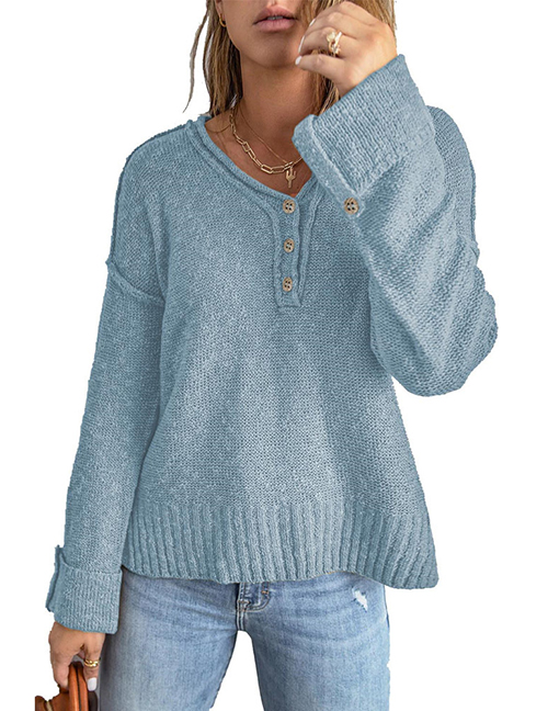 Fashion Light Blue Polyester Button Knit Dropped Shoulder Sweater