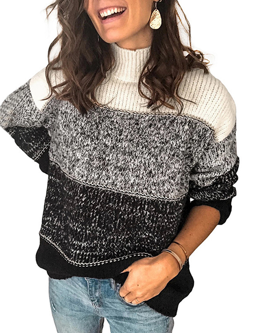 Fashion Black Acrylic Striped Turtleneck Knit Sweater