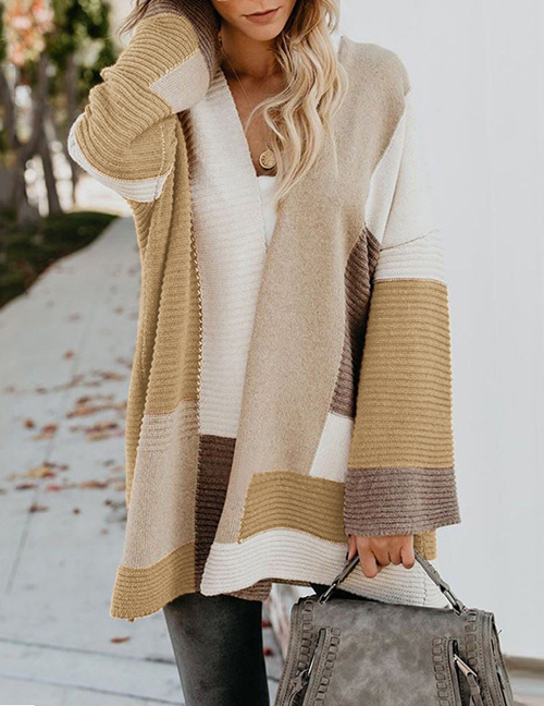 Fashion Khaki Cotton Color Block Knit Sweater Cardigan