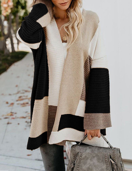 Fashion Black Cotton Color Block Knit Sweater Cardigan