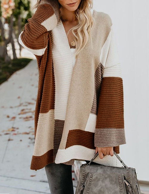 Fashion Caramel Colour Cotton Color Block Knit Sweater Cardigan