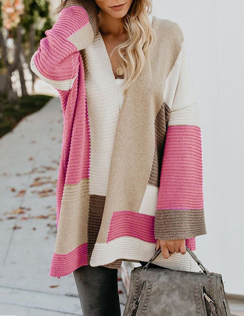 Fashion Rose Red Cotton Color Block Knit Sweater Cardigan