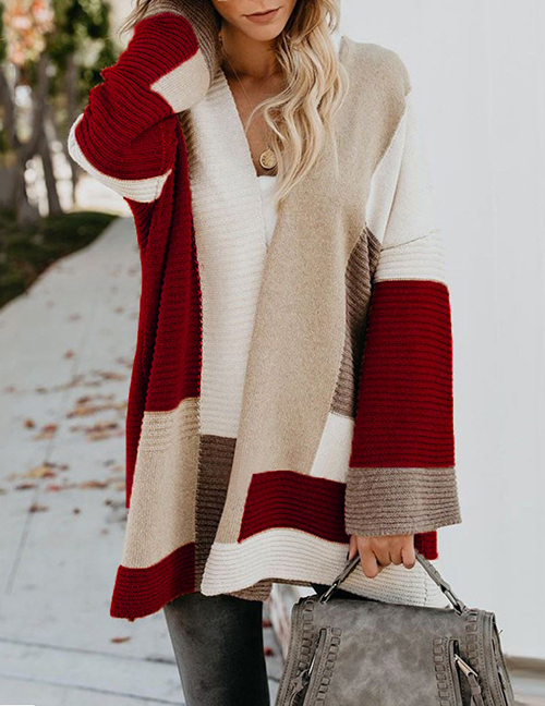 Fashion Wine Red Cotton Color Block Knit Sweater Cardigan