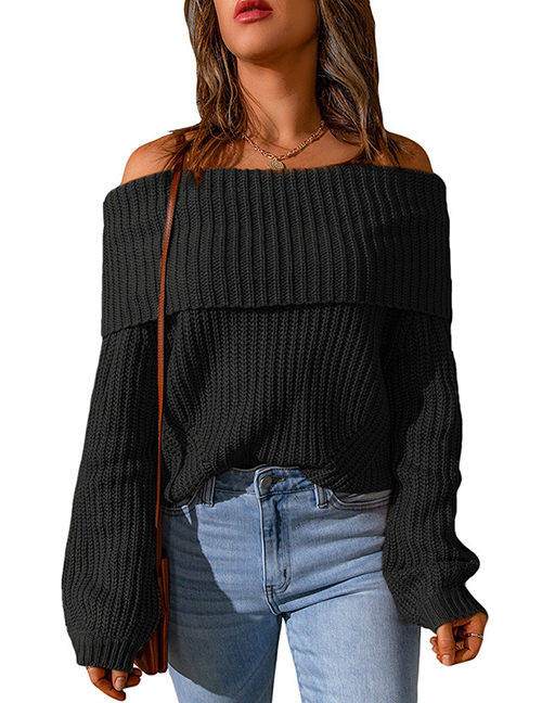 Fashion Black Polyester Knit One-shoulder Sweater
