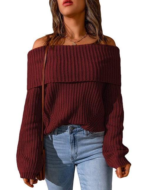 Fashion Deep Burgundy Polyester Knit One-shoulder Sweater