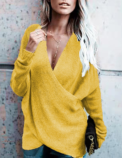 Fashion Yellow Polyester Cross Knit Sweater