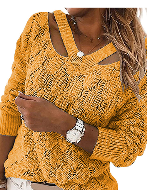 Fashion Yellow Acrylic Knit Halter Cutout Sweater Top