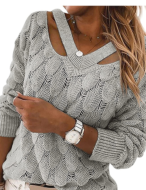 Fashion Grey Acrylic Knit Halter Cutout Sweater Top