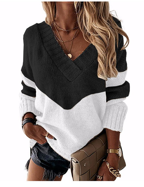 Fashion Striped Black V-neck Colorblock Knitted Sweater