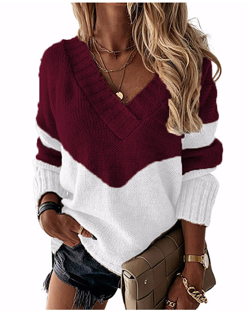 Fashion Striped Burgundy V-neck Colorblock Knitted Sweater