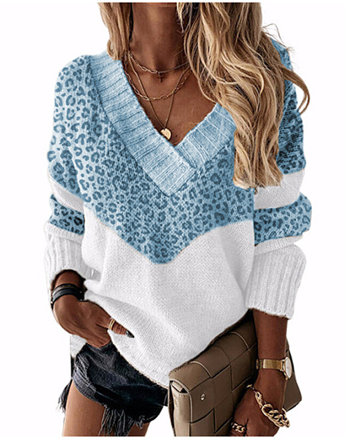 Fashion Leopard Blue V-neck Colorblock Knitted Sweater