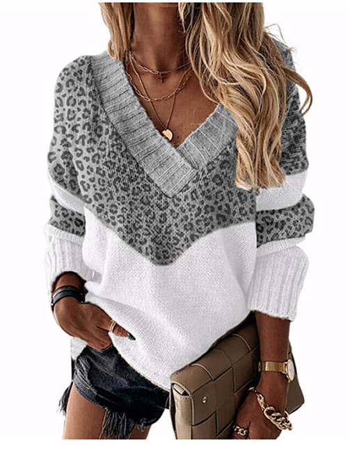 Fashion Leopard Grey V-neck Colorblock Knitted Sweater