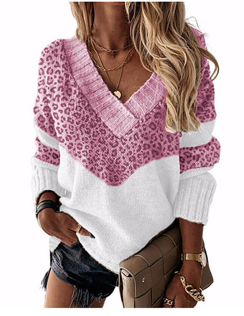 Fashion Leopard Pink V-neck Colorblock Knitted Sweater