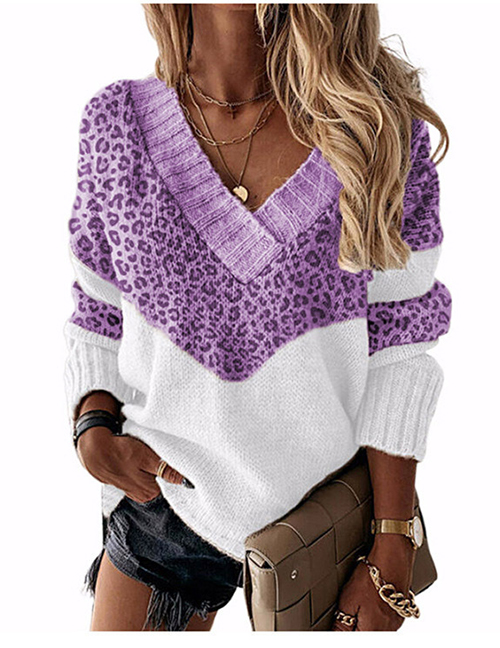 Fashion Leopard Purple V-neck Colorblock Knitted Sweater