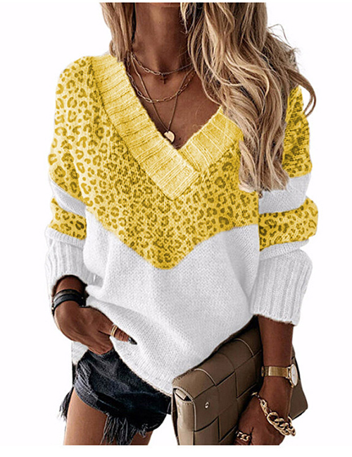 Fashion Leopard Yellow V-neck Colorblock Knitted Sweater