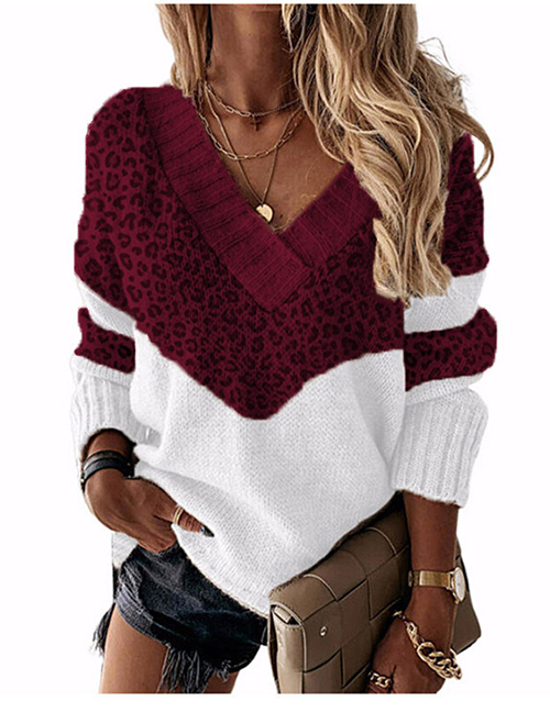 Fashion Leopard Burgundy V-neck Colorblock Knitted Sweater
