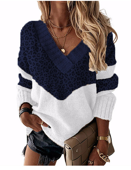 Fashion Leopard Print Navy Blue V-neck Colorblock Knitted Sweater
