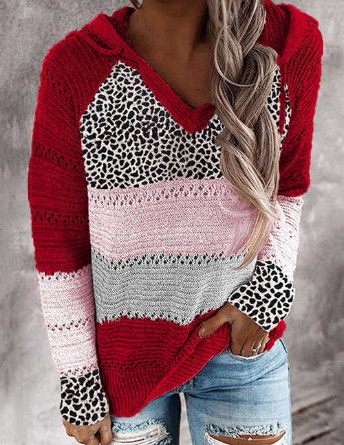 Fashion Red Cotton Leopard-paneled Striped Hooded Knit Top
