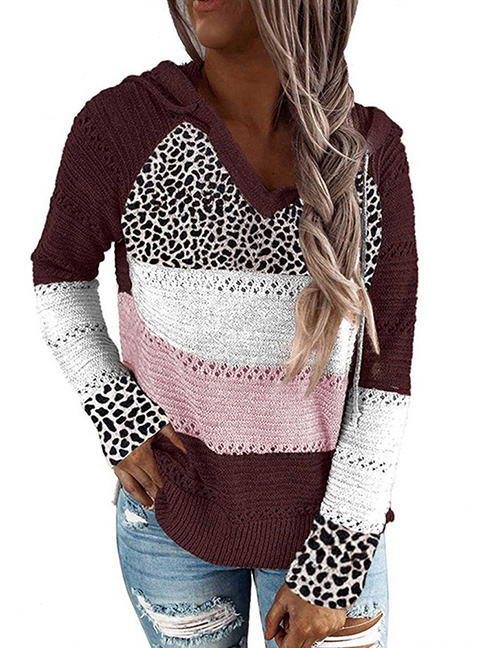 Fashion Deep Burgundy Cotton Leopard-paneled Striped Hooded Knit Top