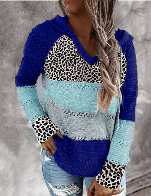 Fashion Royal Blue Cotton Leopard-paneled Striped Hooded Knit Top