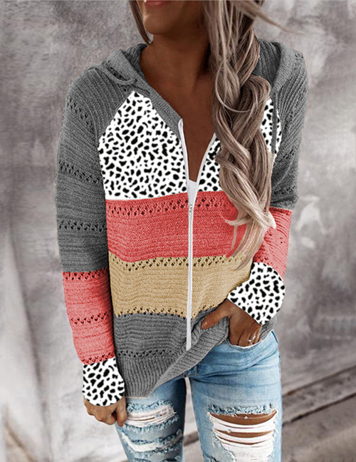 Fashion Zipper Grey Cotton Leopard-panel Striped Hooded Knitted Cardigan