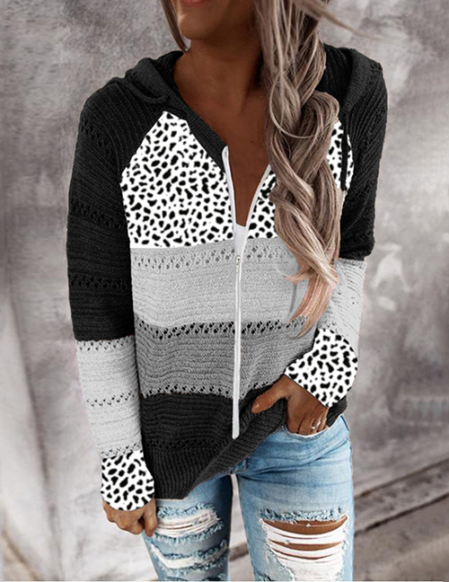 Fashion Zipper Black Cotton Leopard-panel Striped Hooded Knitted Cardigan