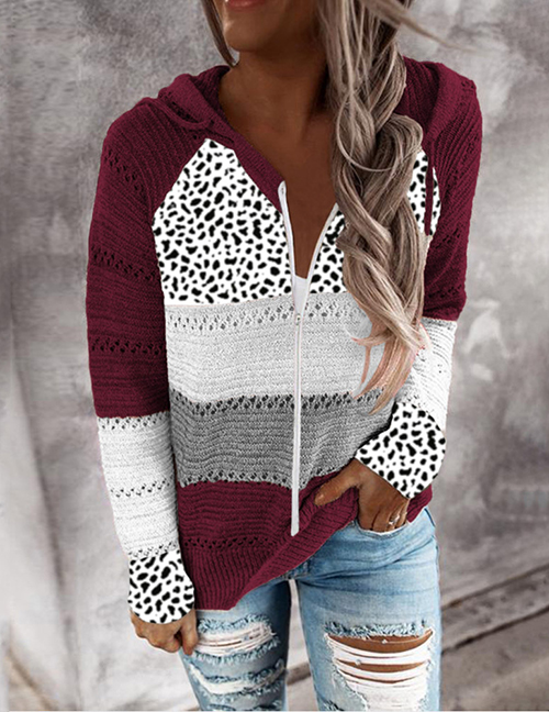 Fashion Zipper Wine Red Cotton Leopard-panel Striped Hooded Knitted Cardigan