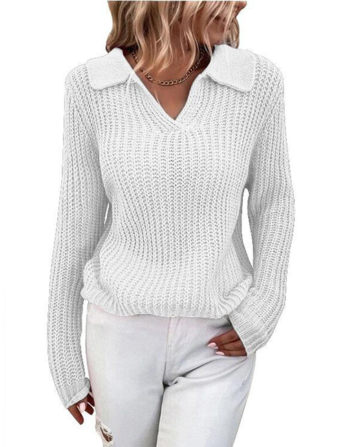 Fashion White Solid Color Lapel Knit Crew Neck Sweater