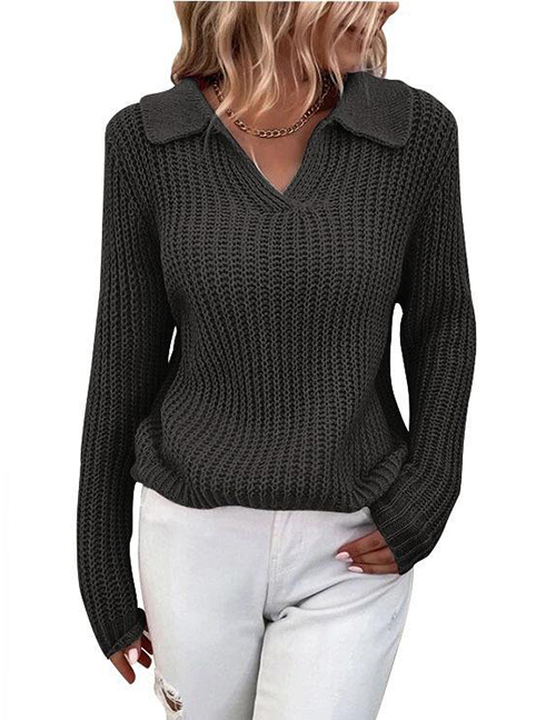 Fashion Black Solid Color Lapel Knit Crew Neck Sweater