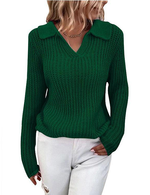 Fashion Green Solid Color Lapel Knit Crew Neck Sweater