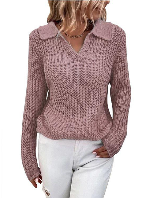 Fashion Pink Solid Color Lapel Knit Crew Neck Sweater