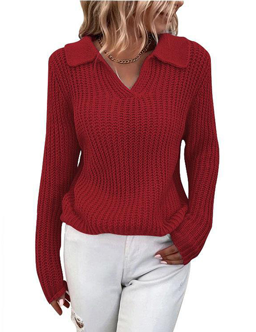 Fashion Red Solid Color Lapel Knit Crew Neck Sweater