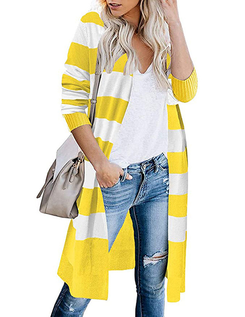 Fashion Yellow Acrylic Striped Knit Cardigan Jacket