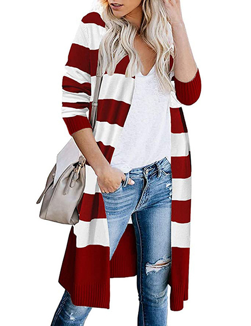 Fashion Red Acrylic Striped Knit Cardigan Jacket