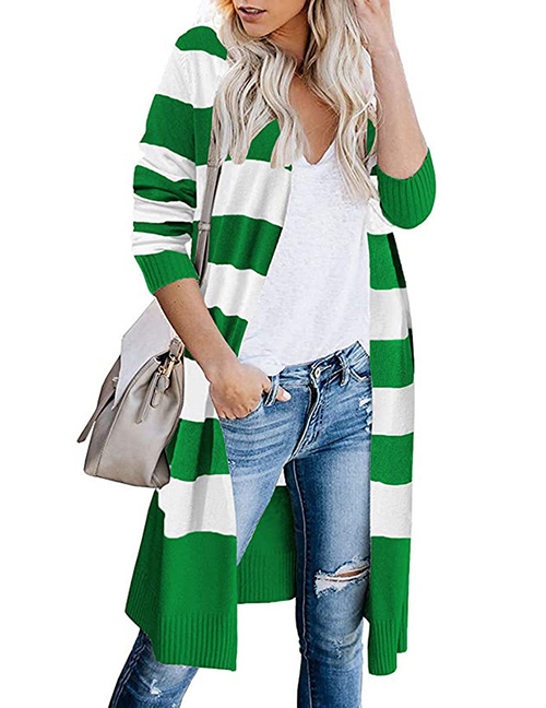 Fashion Green Acrylic Striped Knit Cardigan Jacket
