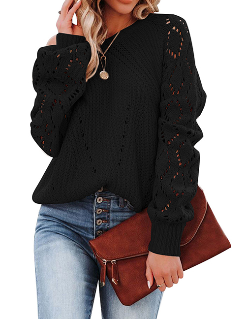 Fashion Black Solid Color Cutout Pattern Crew Neck Sweater