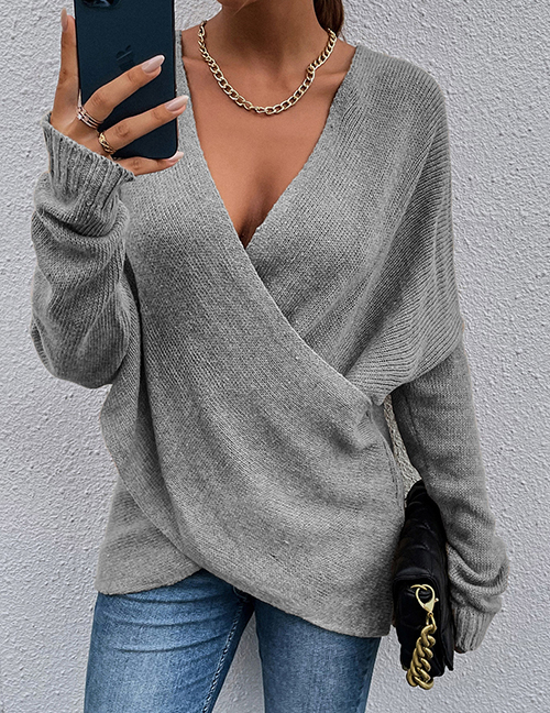 Fashion Light Grey Polyester Cross Knit Sweater